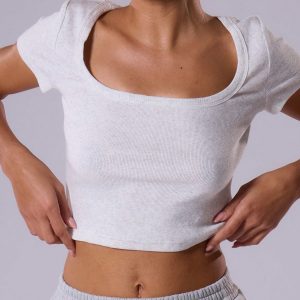 MUSERA Women??s Summer Solid Color Square Neck Crop Sleeve Crop Top, Casual Tee