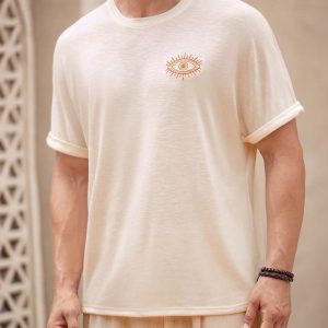 Manfinity KASUA Men??s Round Neck Short Sleeve Casual Loose Comfortable Trendy Embroidered Bamboo PatternT-Shirt,Graphic Tee