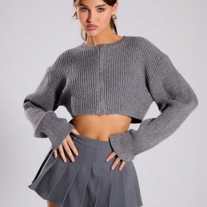 MUSERA Fall Sweaters Knitted Rib Zip Through Crop Cardigan