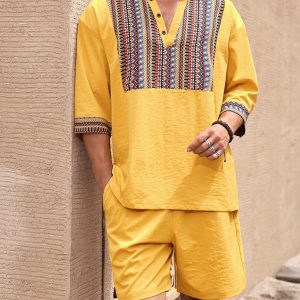 Manfinity KASUA 2pcs Retro Style Outfit For Men: Solid Color Shirt & Shorts Set