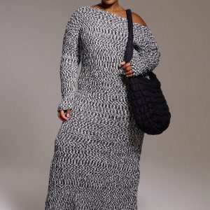 MUSERA Plus Size Knit Asymmetrical Shoulder Long Sleeve Maxi Dress Fall