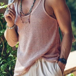 Manfinity KASUA Men??s Waffle Knit Grid And Letter Printing Back Tank Top , Sleeveless Rave Outfit Plain Light Pink Vacation Beach Preppy