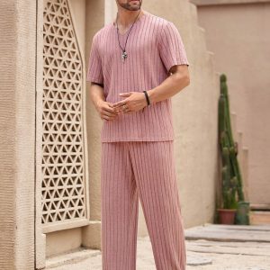 Manfinity KASUA 2pcs/Set Men??s Notched Neck Short Sleeve T-Shirt And Straight-Leg Casual Pants Outfit