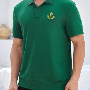 Manfinity KASUA Men??s Green Button-Collar Polo Shirt With Golden Embroidery, Casual Everyday
