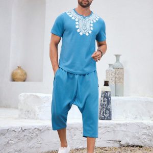 Manfinity KASUA 2pcs Men??s Vacation Geometric Print Short Sleeve T-Shirt And Pocketed Casual Shorts Set