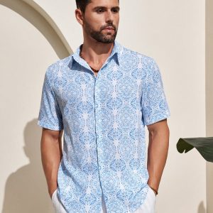 Manfinity KASUA Men??s Button-Down Short Sleeve Shirt With All-Over Printing, Perfect For Casual Holidays
