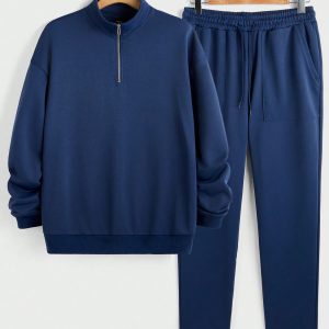 Manfinity KASUA Men??s Solid Color Dropped Shoulder Long Sleeve Half-Placket Sweatshirt And Sweatpants Loose Set, Autumn Winter