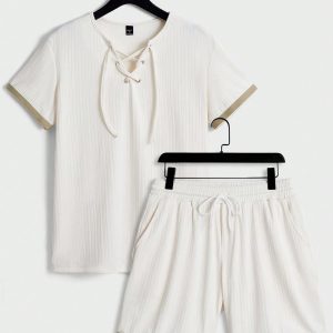 Manfinity KASUA Men Contrast Trim Lace Up Front Tee & Shorts