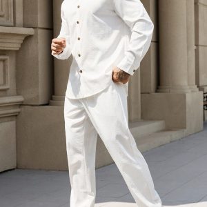 Manfinity KASUA Men??s Solid Color Button-Up Shirt And Pants Suit, Minimalist