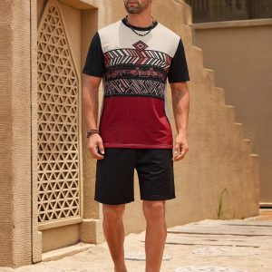Manfinity KASUA Men??s Short Sleeve Round Neck Tee With Geometric Print, Summer