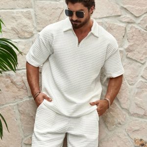Manfinity KASUA Men??s Textured Zipper Half Placket Short Sleeve T-Shirt And Shorts
