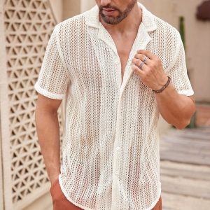 Manfinity KASUA Men??s Solid Color Hollow Out Short SleeveCollar Shirt